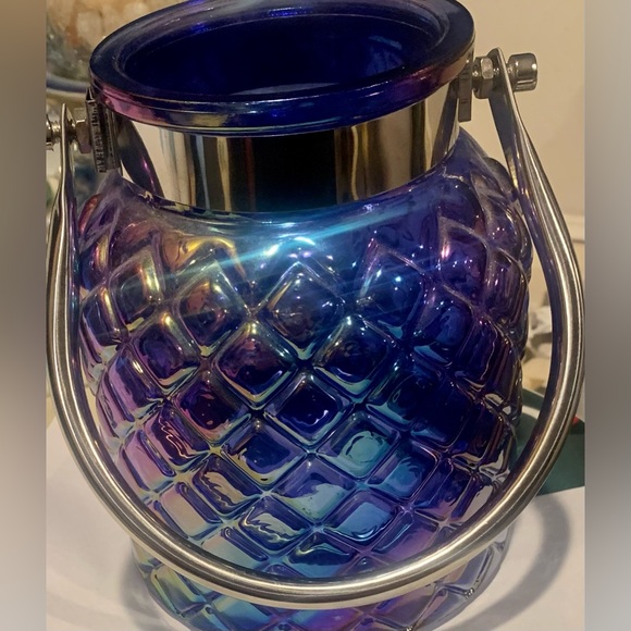 Blue Opalescent Patterned Glass Lantern/Vase W Silver Metal Band & Handle 6.5” - Picture 5 of 13